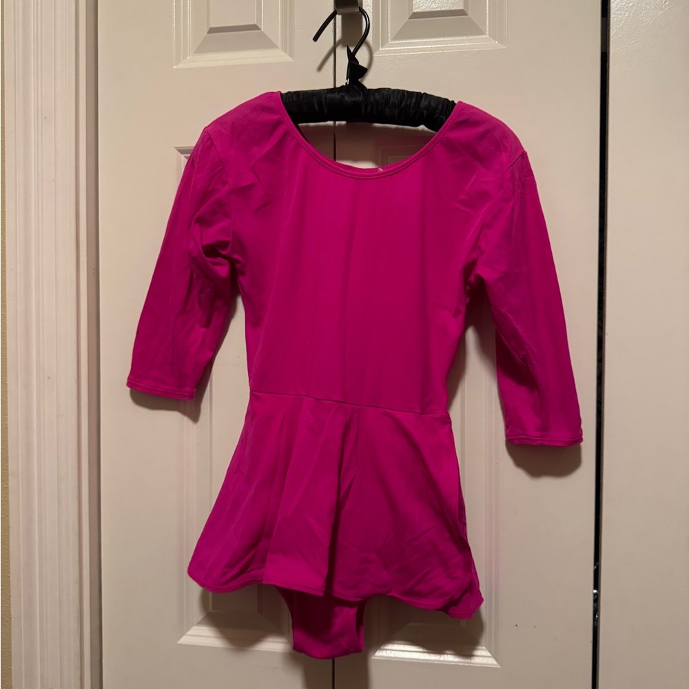 Girls In Motion Hot Pink Ballet Leotard Long Sleeve Ruffle Waist 12-14